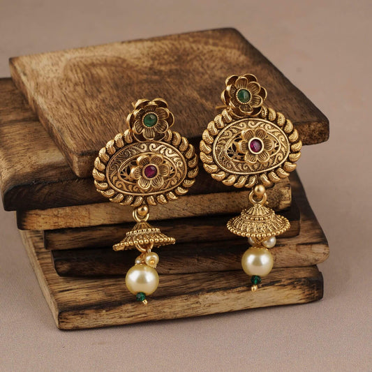 ANTIQUE GOLD PEARL DROP JHUMKA EARRING