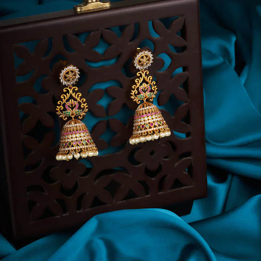 Elegant gold matt ruby green jhumkas