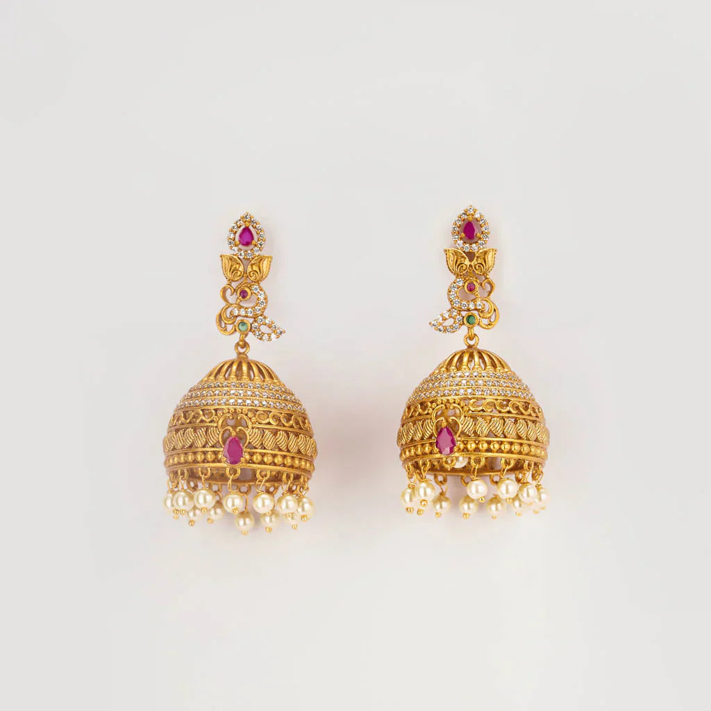 Matt gold ruby green pota stone jhumkas