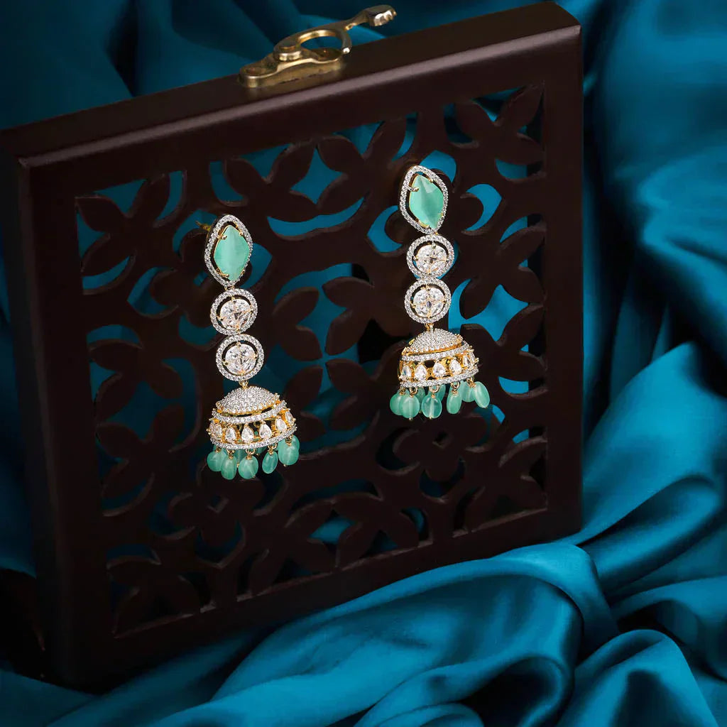 Ganga Jamuna Sea Green white pearl stone jhumkas