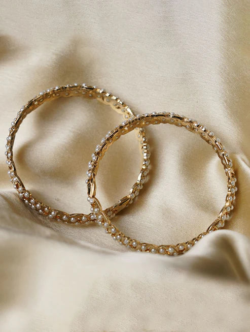 White Gold Tone Jadau Bangles with Pearls