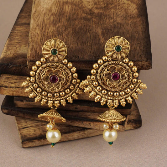 ANTIQUE GOLD FLORAL MUTICOLOR JHUMKA EARRING