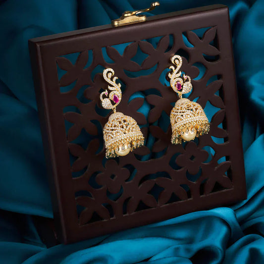 white stone and pink stone with pearldrop jhumkas