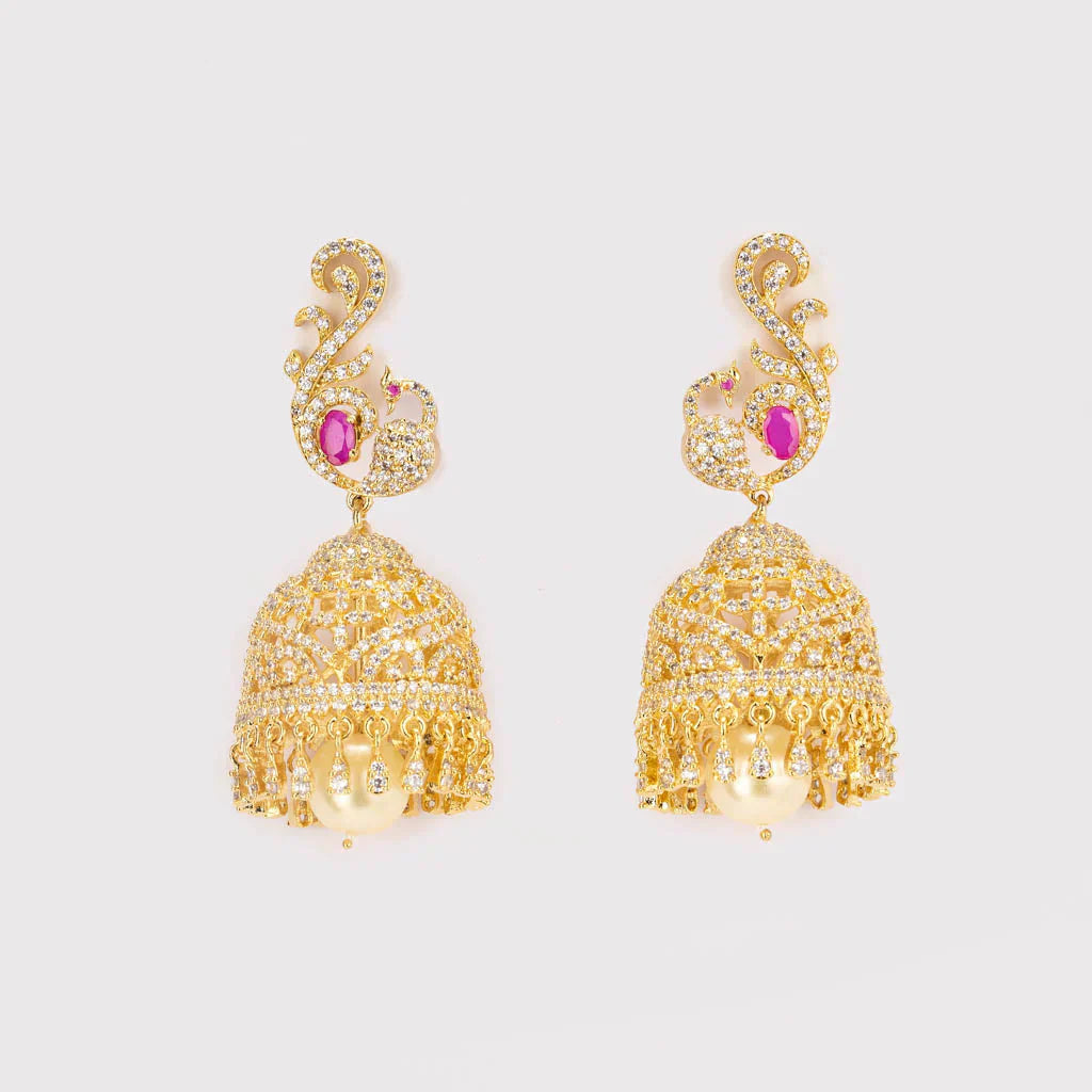 white stone and pink stone with pearldrop jhumkas