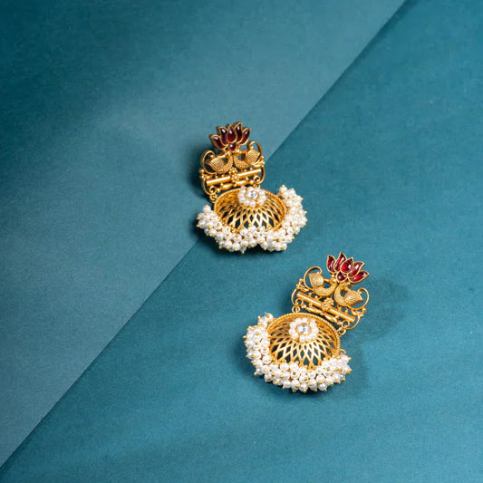 peacock and lotus red kundan pota stones earrings