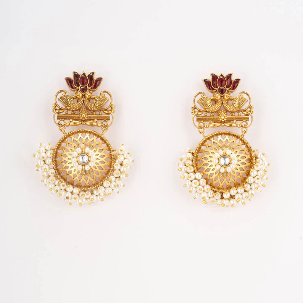 peacock and lotus red kundan pota stones earrings