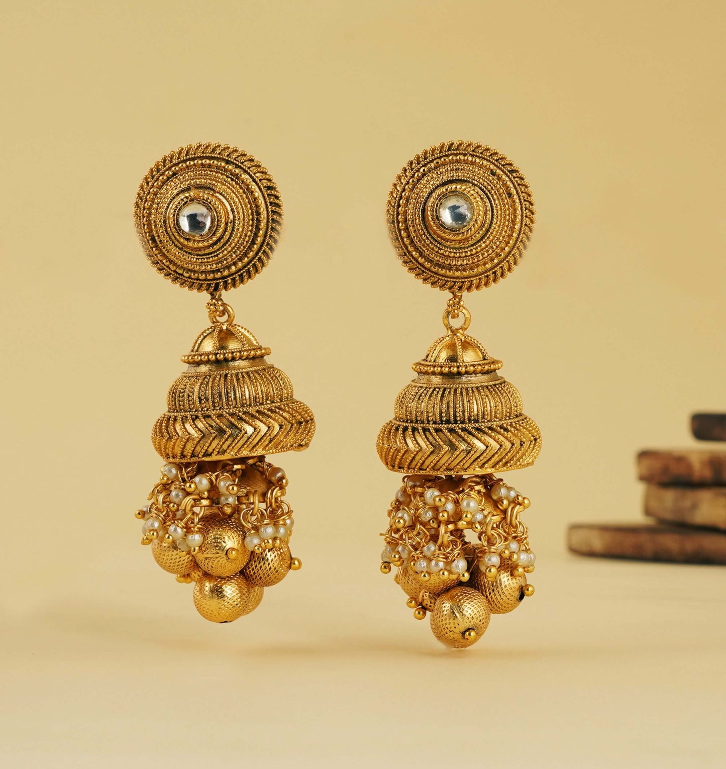 PLAIN GOLD PLATED BALLS JHUMKA EARRING