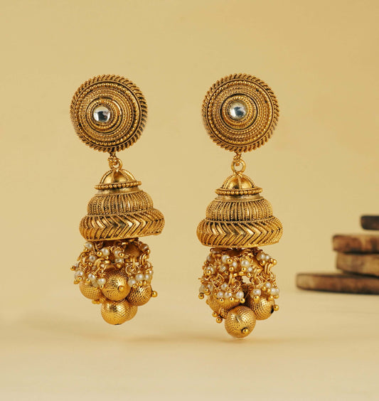 PLAIN GOLD PLATED BALLS JHUMKA EARRING