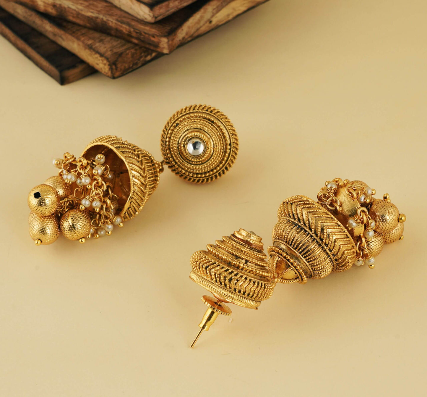 PLAIN GOLD PLATED BALLS JHUMKA EARRING