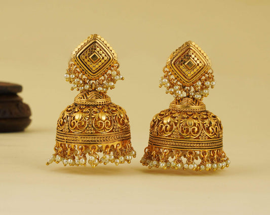 PLAIN GOLD PLATED PEARL DROP JHUMKA