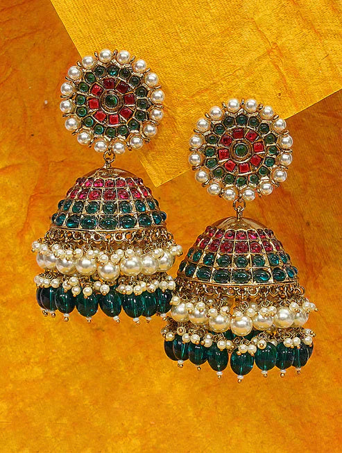 Green Red Gold Tone Jhumki Earrings