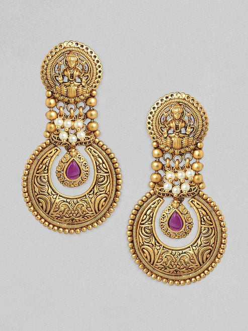 Gold Plated Handcrafted Filigree & Pink Stone Temple Drop Earrings