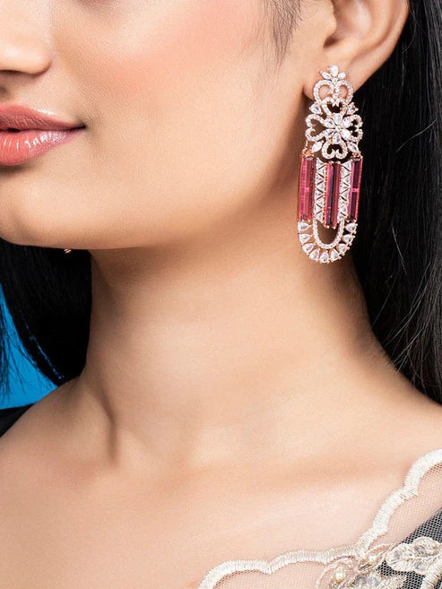 Pink & Zirconia Stone Studded Drop Earrings