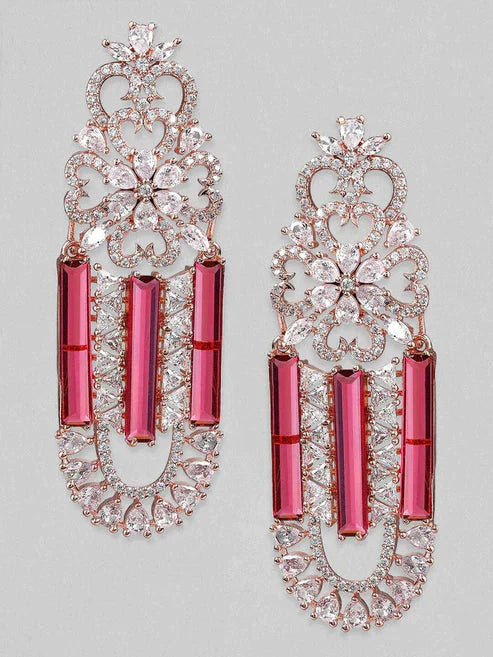 Pink & Zirconia Stone Studded Drop Earrings